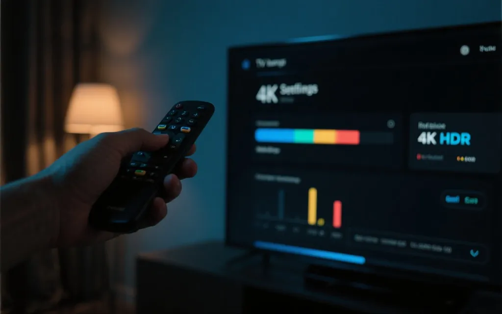 电视画面设置界面与HDR/4K调校的氛围图：遥控器、设置菜单、柔和环境光