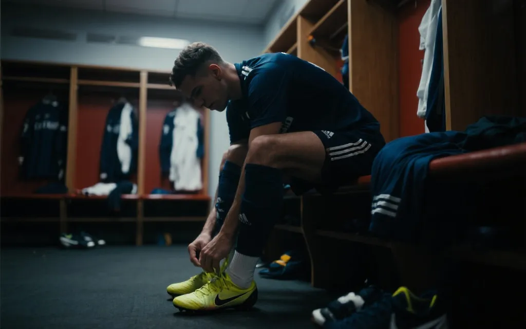 球员在更衣室系鞋带准备上场，灯光下表情凝重，纪录片风格